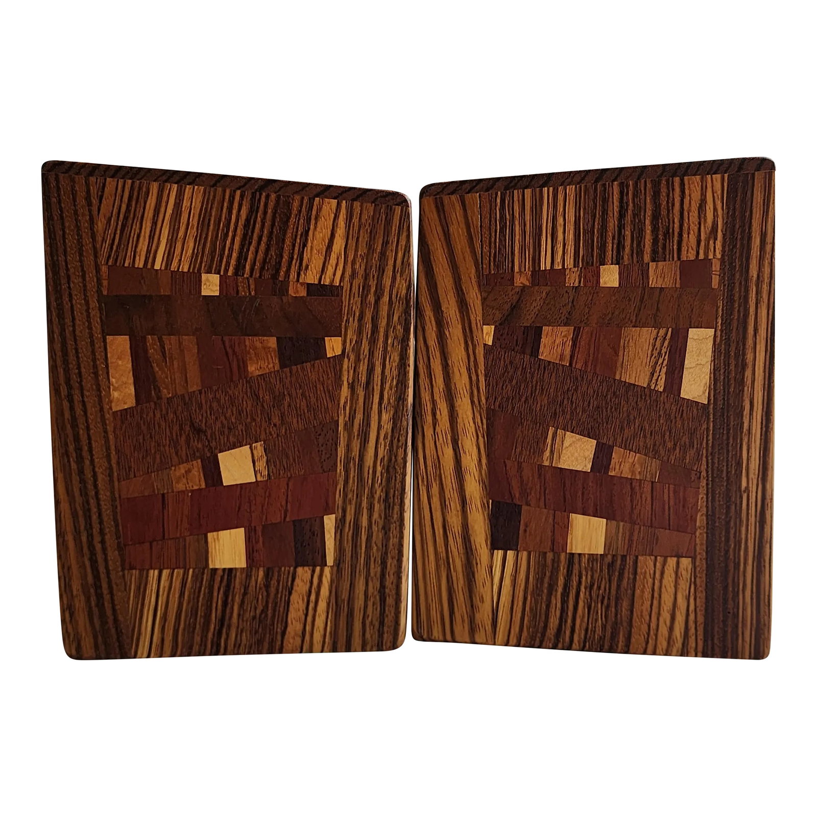 Vintage 80's Inlaid Wood Mosaic Bookends by Wildwood, Set of Two: Set of two inlaid multi-wood mosaic bookends by Wildwood. They go great with many types of books, decors. Condition: Alterations: Original Condition Unaltered Imperfections: Some Imperfections