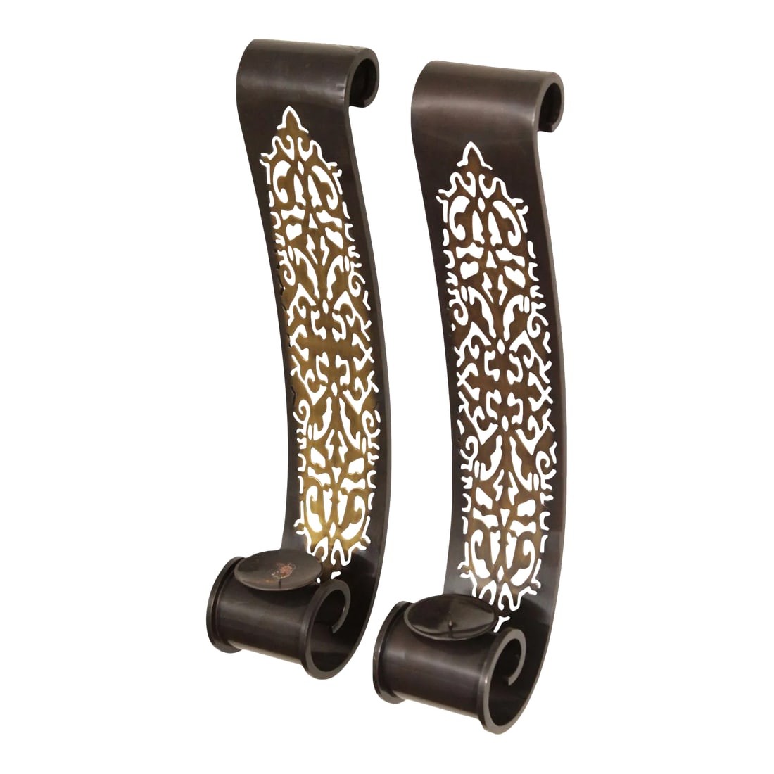 Bombay Company Pair Pierced Brass Candle Wall Sconces: Quality Pair of Pierced Metal Scroll Wall Mounted Candle Holders Condition: Alterations: Original Condition Unaltered Imperfections: Some Imperfections Condition Notes: Clean vintage condition. Origin