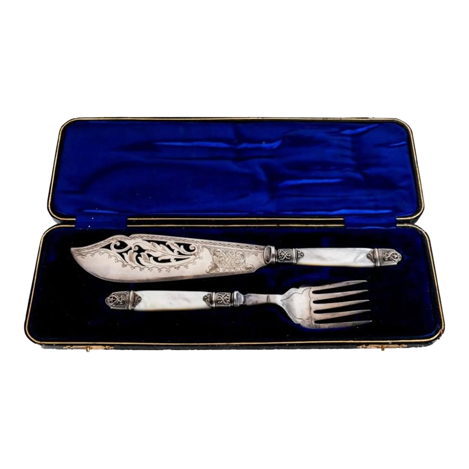 Antique Silver Plate and Mother of Pearled English Fish Fork and Knife Serving Set Boxed- 2 Pieces: Stamped. EPNS a very nice boxed set lined with blue velvet and covered I left her. Two piece fish serving set. Silver plate Made in England. Mother of pearl handles. Late 19th century or early 20th ce