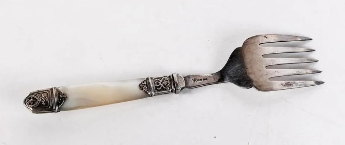 Antique Silver Plate and Mother of Pearled English Fish Fork and Knife Serving Set Boxed- 2 Pieces - 9