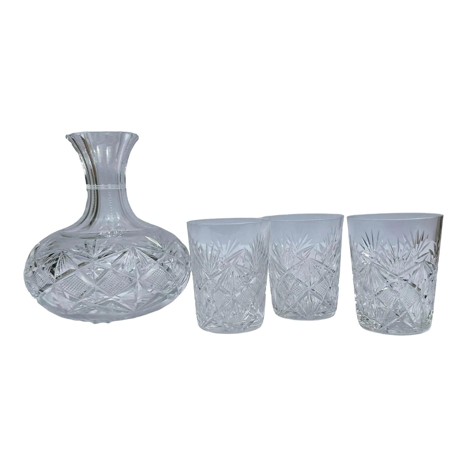 1902 Pitkin Brooks Cut Crystal Glass Water Carafe With Tumblers American Brilliant Period- 4 Pieces: American Brilliant Period (ABP) Cut Crystal Set of 4 This antique carafe and tumbler set by Pitkin & Brooks of Chicago is in excellent condition. This carafe and tumbler pattern are shown on page 7 in