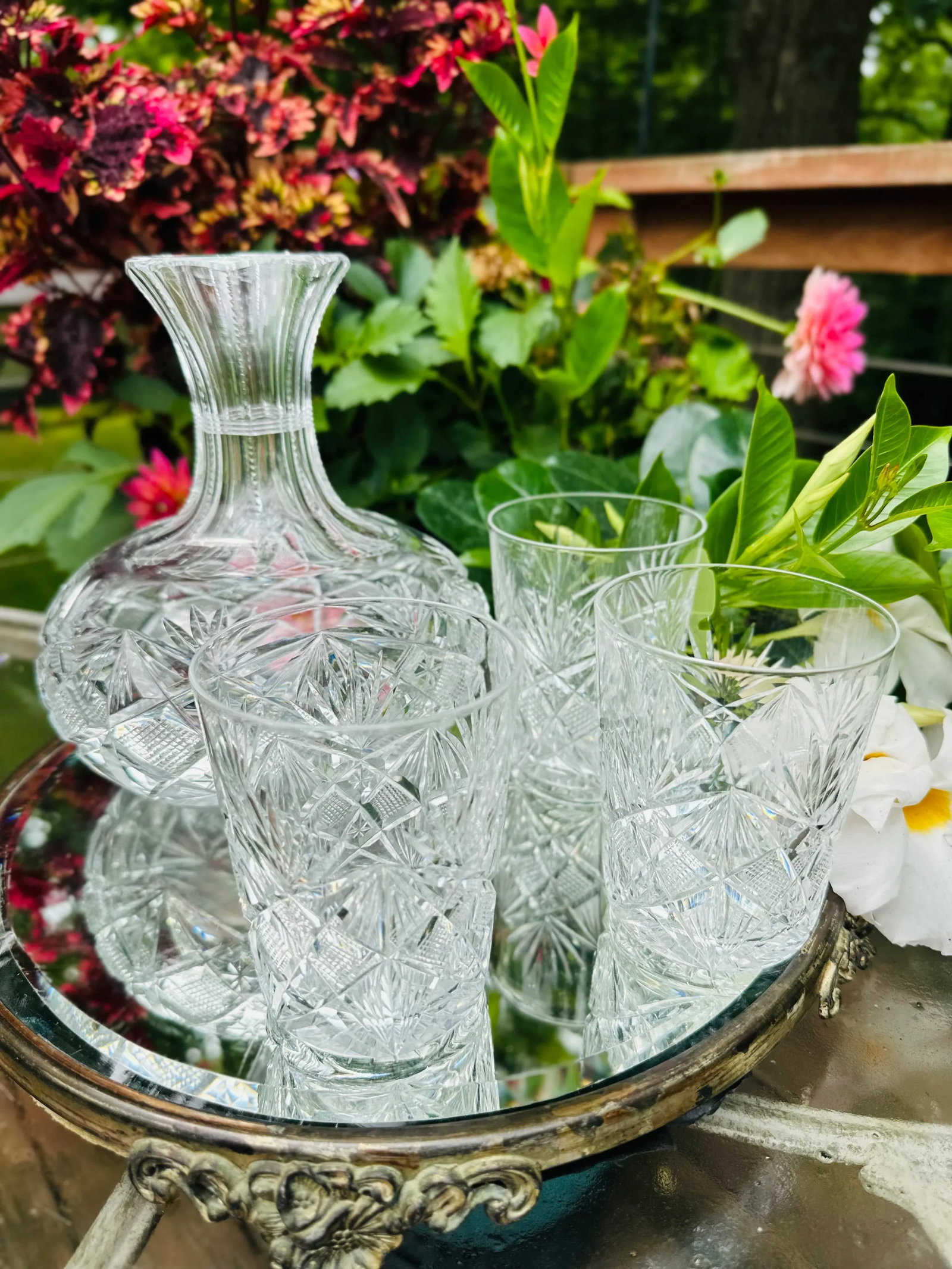 1902 Pitkin Brooks Cut Crystal Glass Water Carafe With Tumblers American Brilliant Period- 4 Pieces - 3