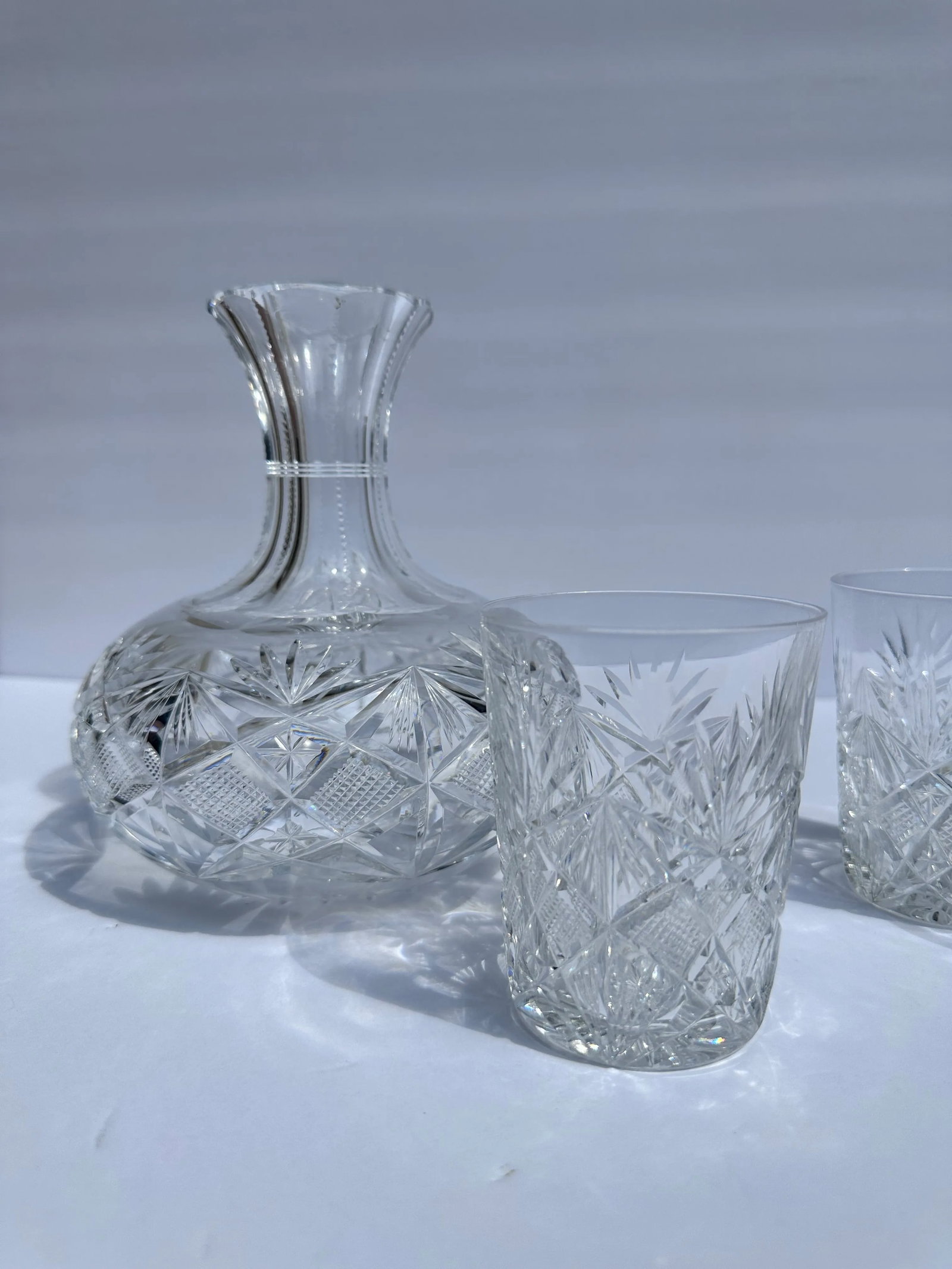 1902 Pitkin Brooks Cut Crystal Glass Water Carafe With Tumblers American Brilliant Period- 4 Pieces - 4