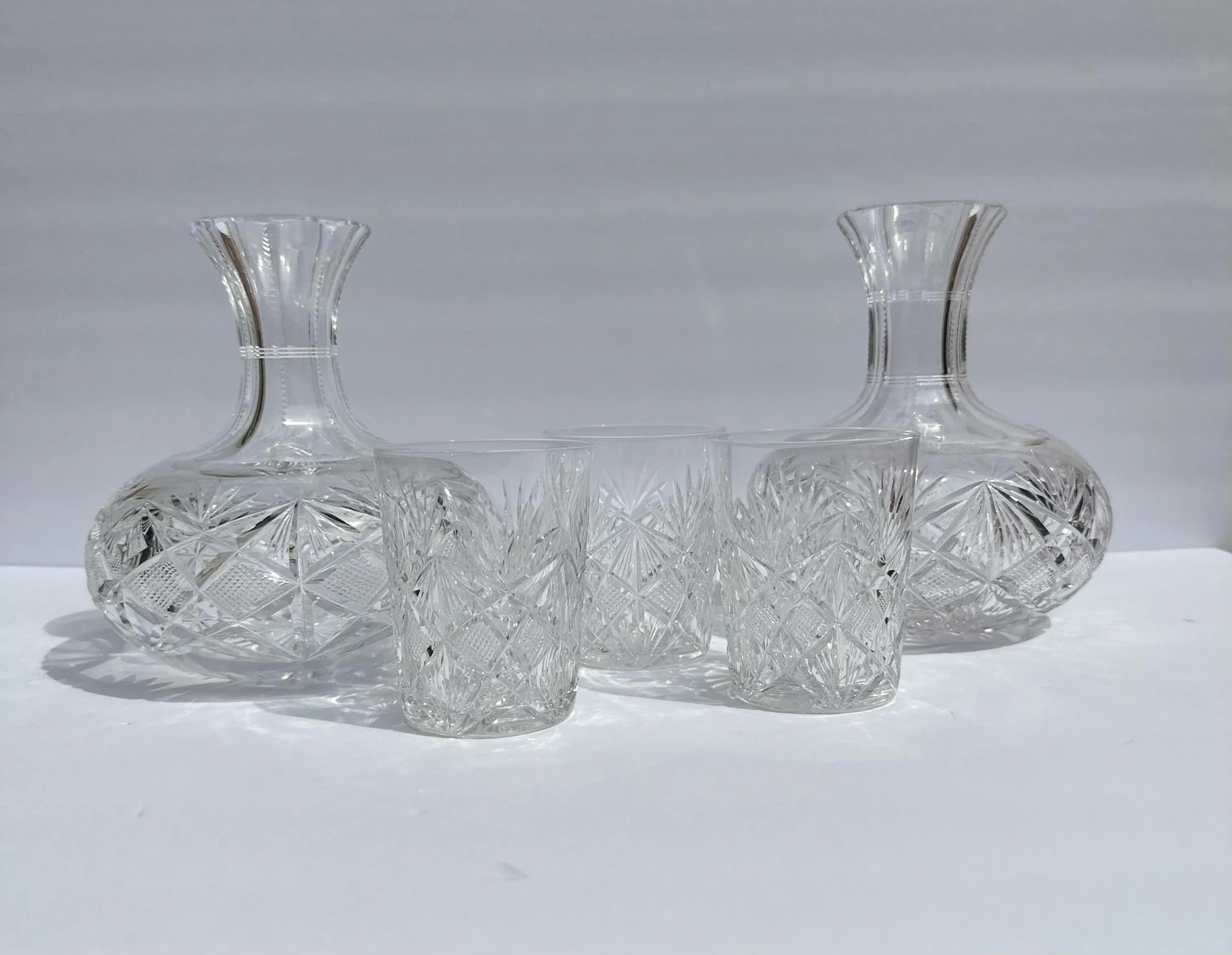 1902 Pitkin Brooks Cut Crystal Glass Water Carafe With Tumblers American Brilliant Period- 4 Pieces - 6