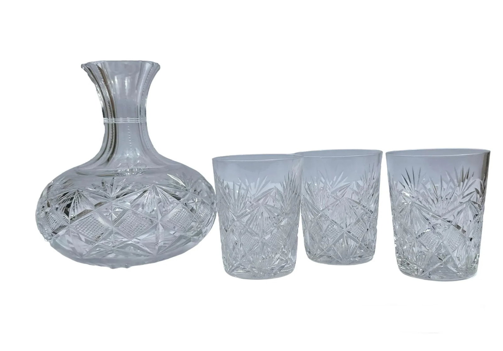 1902 Pitkin Brooks Cut Crystal Glass Water Carafe With Tumblers American Brilliant Period- 4 Pieces - 7