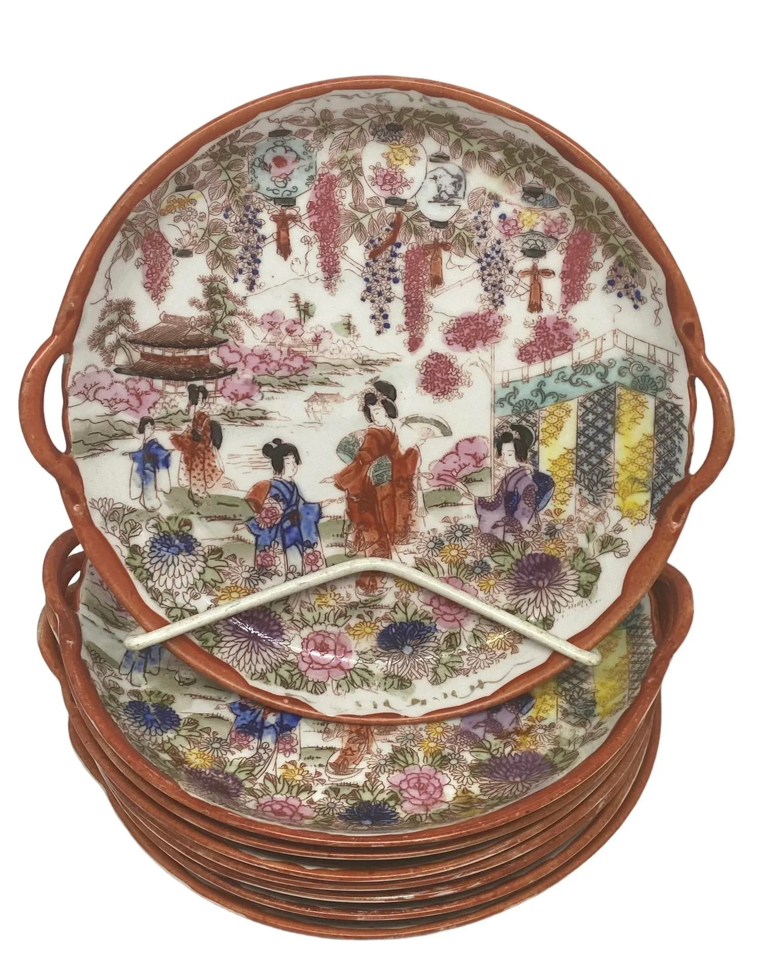 Vintage Chinoiserie Ceramic Handpainted Luncheon Hors D'Oeuvres Plates - Set of 8 - 10