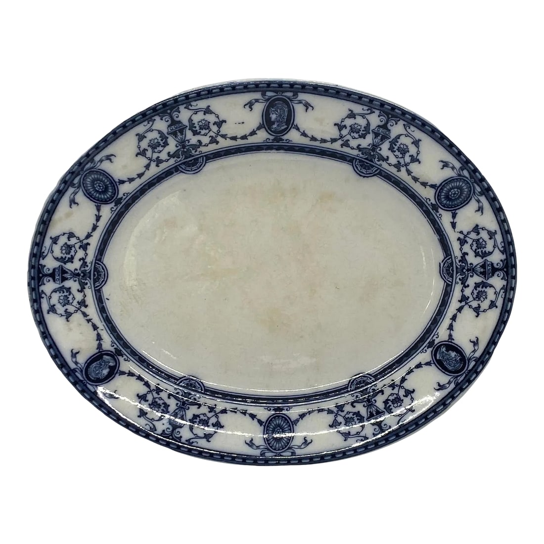 Antique Early 20th Century Sampson, Hancock & Sons Flaxman Blue Oval Serving Platter: Antique Early 20th Century Sampson, Hancock & Sons Flaxman Blue (No Gold) 11.75" Oval Serving Platter. This lovely oval serving platter has the maker's marks "Flaxman Opaque China, S.H.& S. England, R