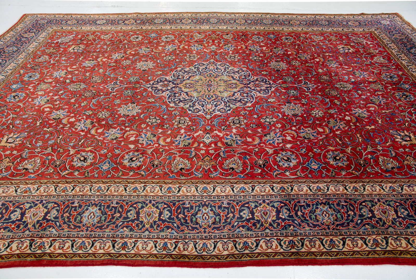 1960s Vintage Kerman Persian Wool Rug Handmade in Red With Allover Motif - 6