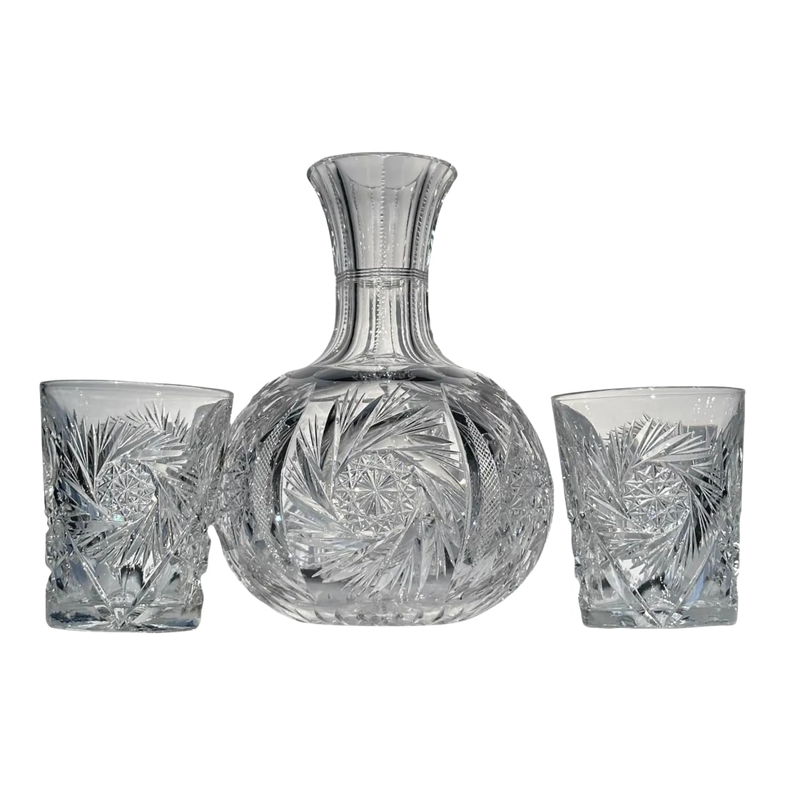 Antique American Brilliant Period Cut Crystal Carafe and Tumblers Set- 3 Pieces: Antique cut crystal from American Brilliant period. Early 1900's 8.25" high x 6" wide Wine, water, juice or display. Comes with two tumblers in complementary pattern. The tumblers are a matching pair.