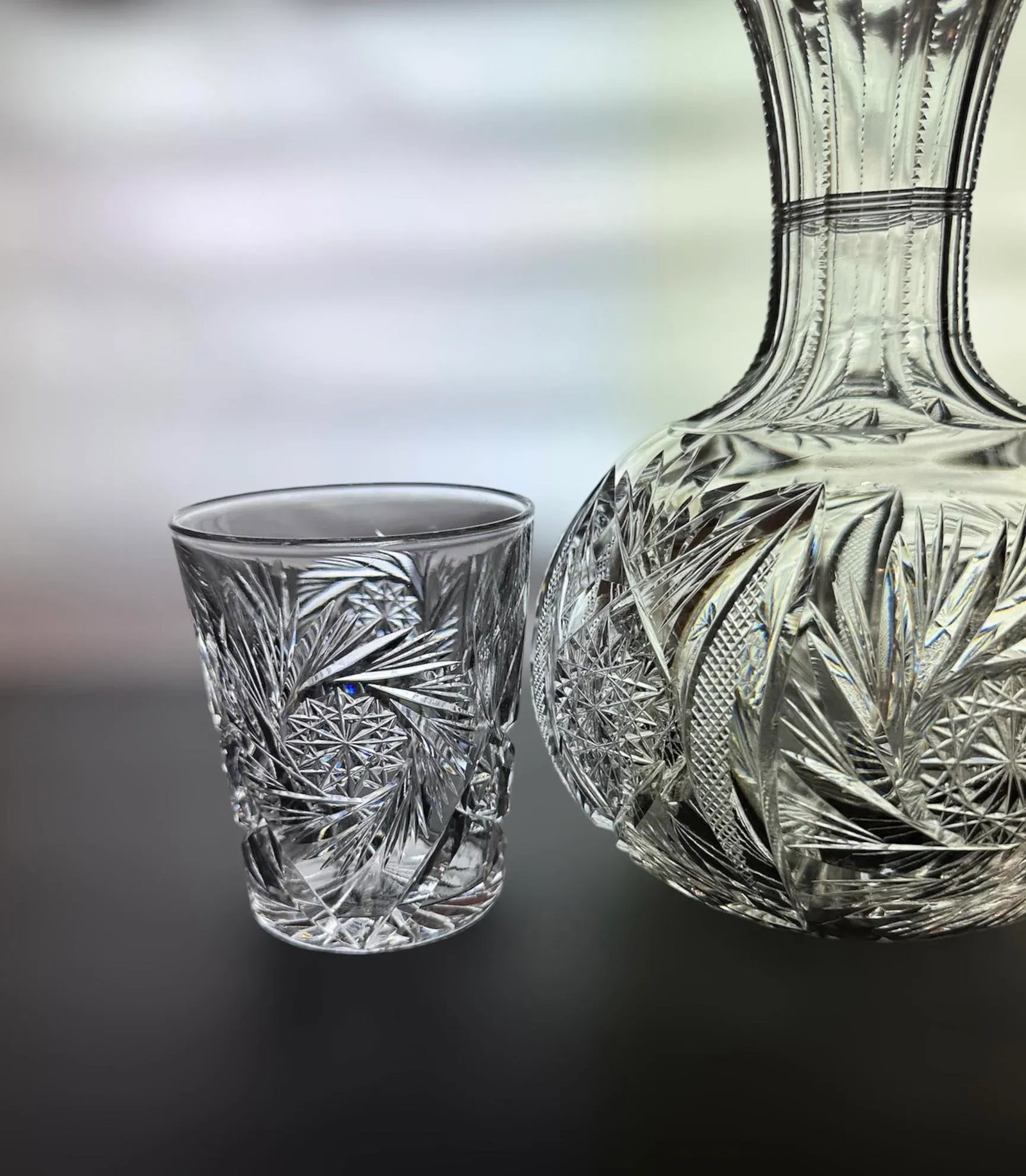Antique American Brilliant Period Cut Crystal Carafe and Tumblers Set- 3 Pieces - 6