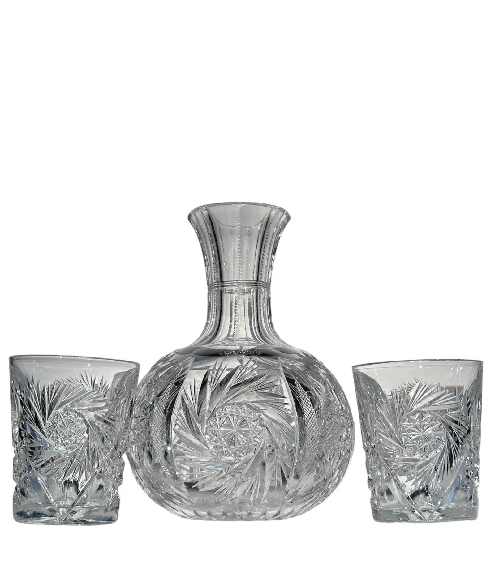 Antique American Brilliant Period Cut Crystal Carafe and Tumblers Set- 3 Pieces - 9