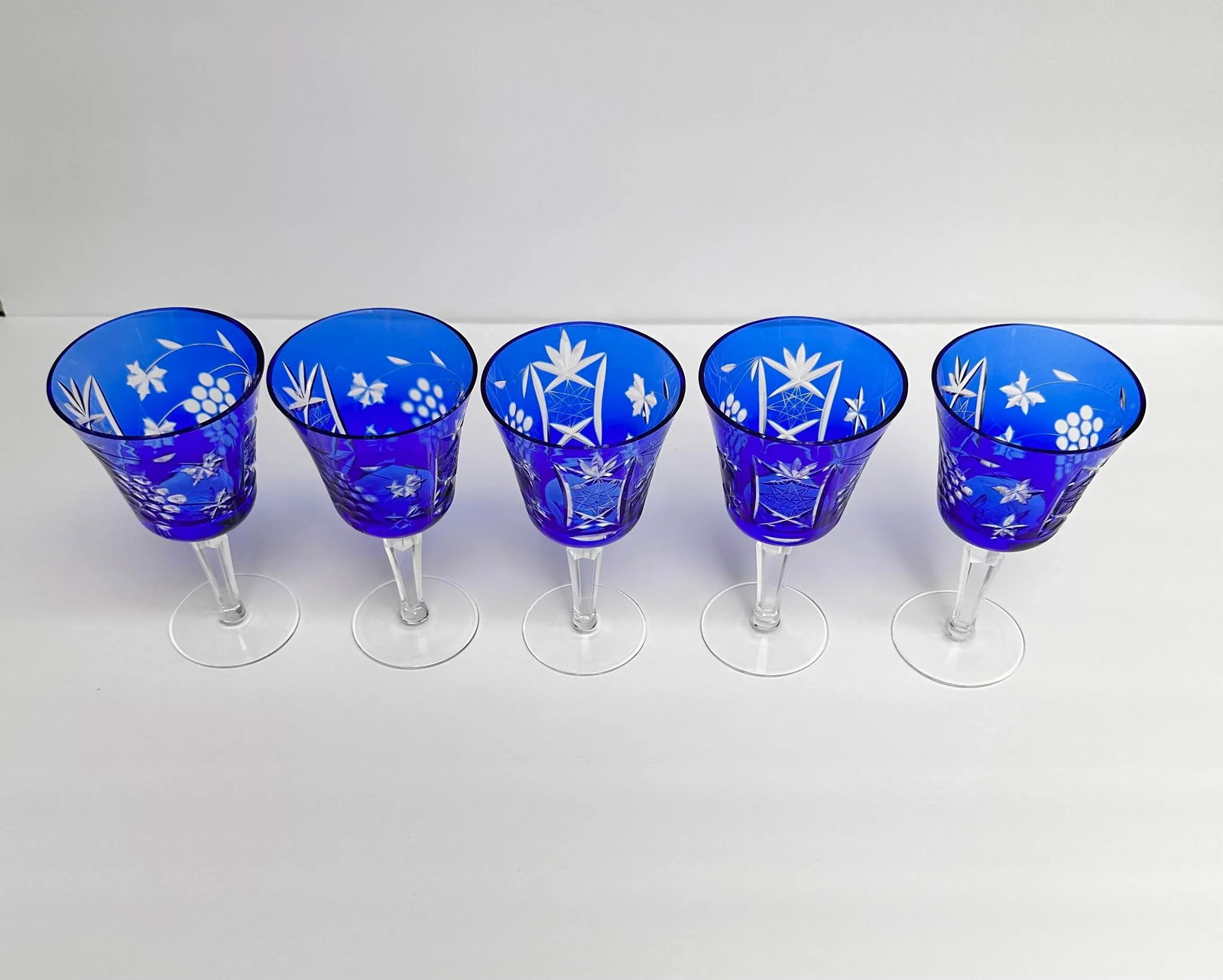 Cobalt Blue Cut to Clear Crystal Glasses- Set of 5 - 4