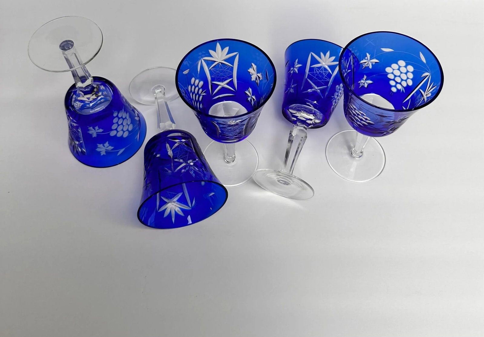 Cobalt Blue Cut to Clear Crystal Glasses- Set of 5 - 8