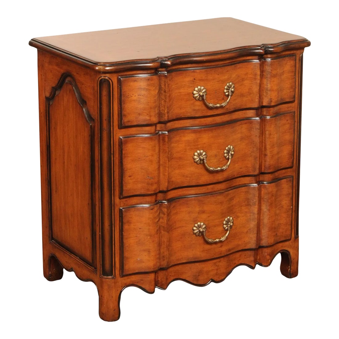 Early 21st Century Theodore Alexander Chateau Du Vallois French Style Three Drawer Chest: High Quality Louis XV Provincial Style Fruitwood Chest With Dovetailed Drawers And Brass Hardware Condition: Alterations: Original Condition Unaltered Imperfections: Some Imperfections Condition