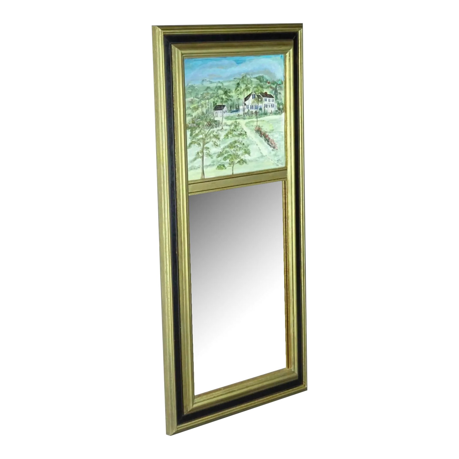 1990s Folk Art Decorated Painted Two Panel Mirror athe Barnes Housea? Sharon Connecticut: Folk art decorated two panel painted mirror by Kathy Clegg 1996 of the Barnes house. A prominent historic house in Sharon ct. Condition: Alterations: Original Condition Unaltered Imperfections: Some