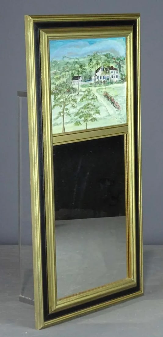 1990s Folk Art Decorated Painted Two Panel Mirror athe Barnes Housea? Sharon Connecticut - 5