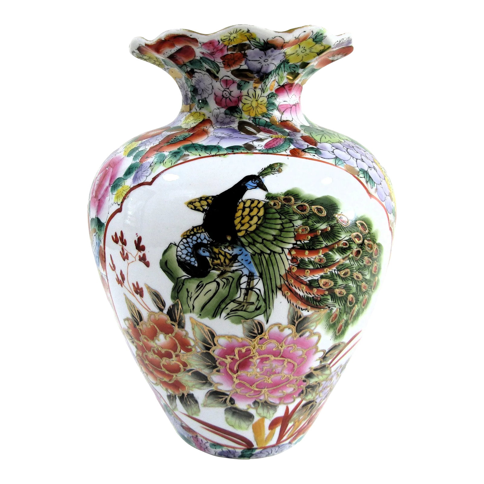 Vintage Chinoiserie Hand Painted Famille Rose Peacock Porcelain Vase: Vintage Chinoiserie Hand Painted Famille Rose Peacock Porcelain Vase Floral design with peacock scenes. Ruffled neck. Measures 9" wide, 6" top diameter, 4 1/2" bottom diameter and 10 1/2" tall.