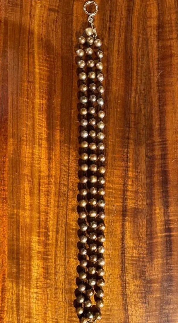 Triple Strand Bronze Pearl Choker Necklace With 14k Clasp - 4