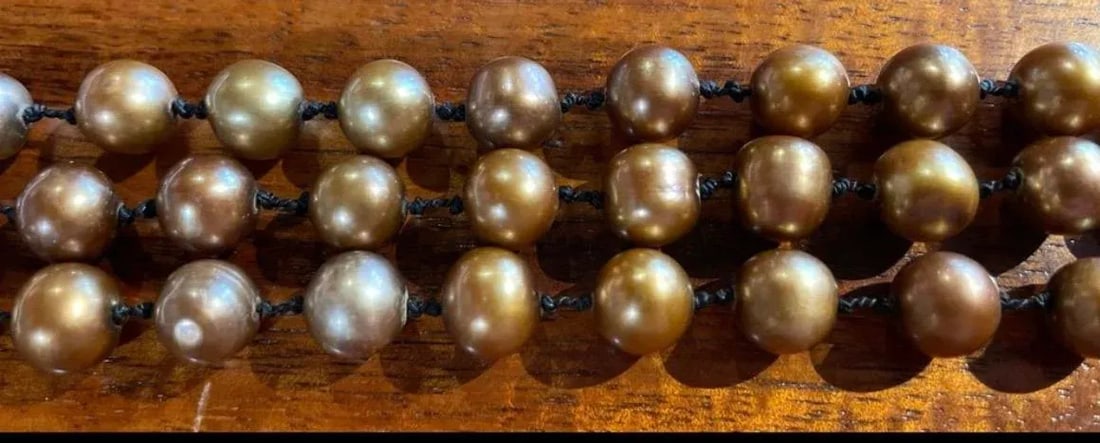 Triple Strand Bronze Pearl Choker Necklace With 14k Clasp - 6