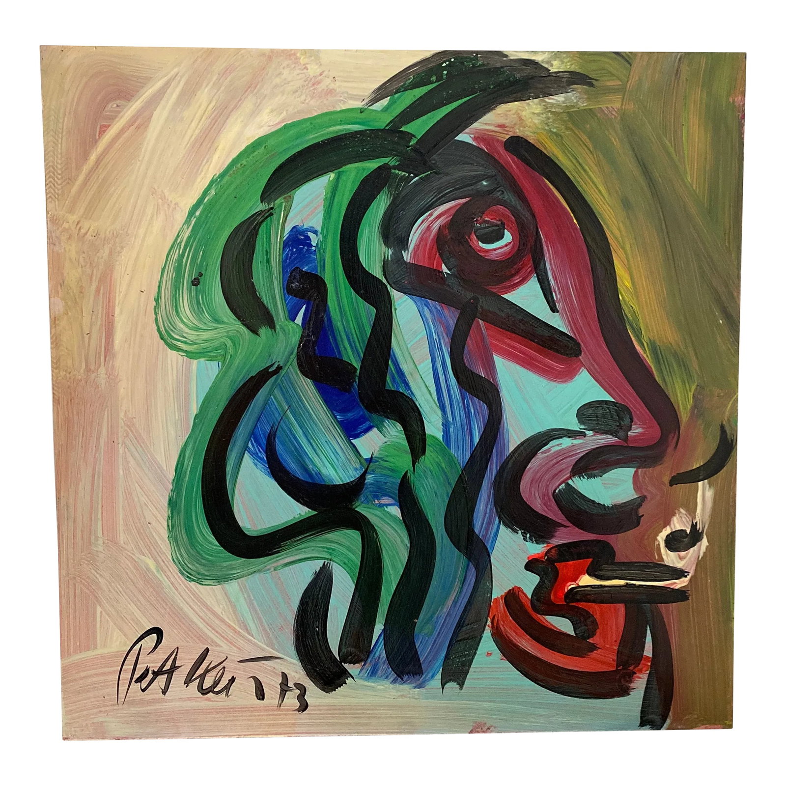 Peter Keil Original Abstract Portrait Painting on Board 1973: Peter Keil is a German artist that focuses primarily on abstract expressionism. Keil painted with some of the greats including Joan Miro, Pablo Picasso and Andy Warhol, to name a few. This is interest