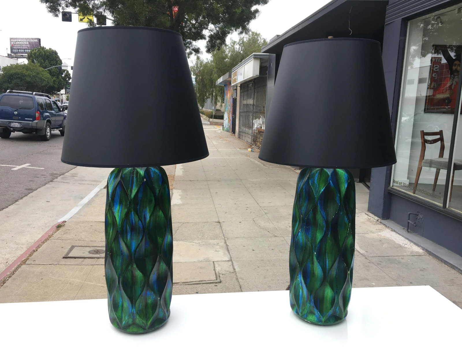 Pair of Tall Mid-Century Iridescent Ceramic Table Lamps - Blue & Green Glaze With Custom Shades - 12