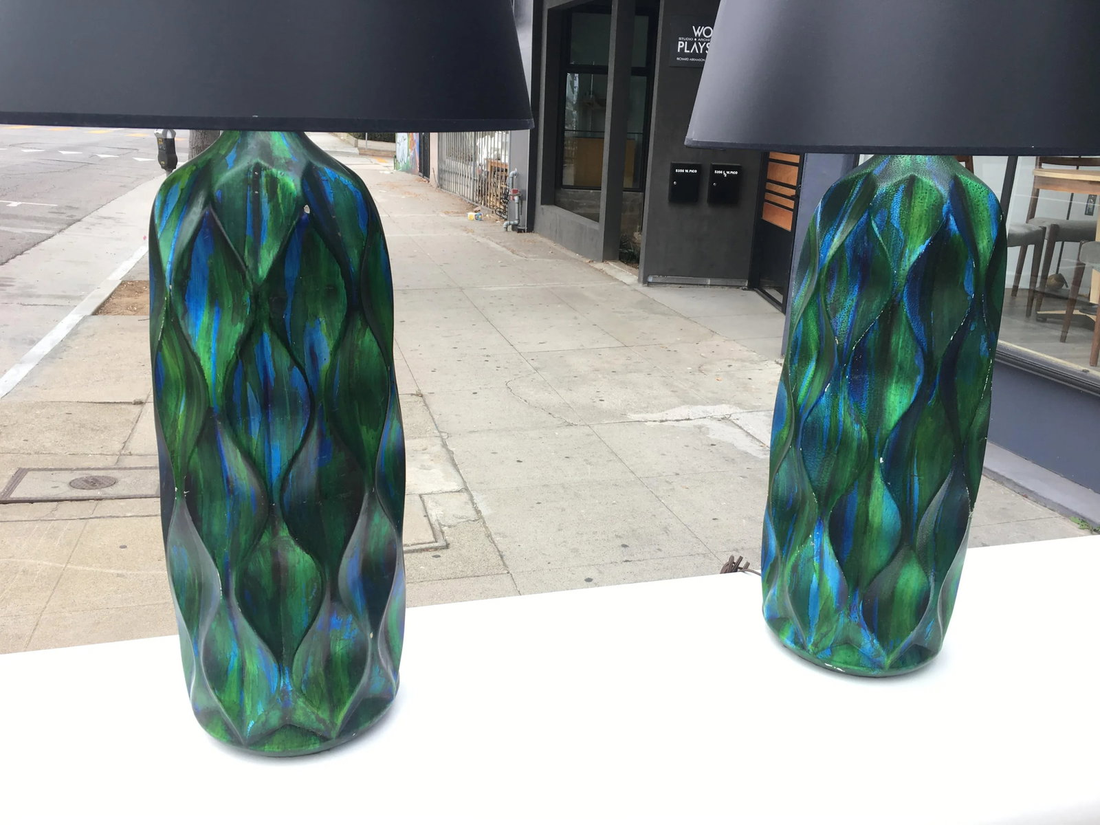 Pair of Tall Mid-Century Iridescent Ceramic Table Lamps - Blue & Green Glaze With Custom Shades - 2