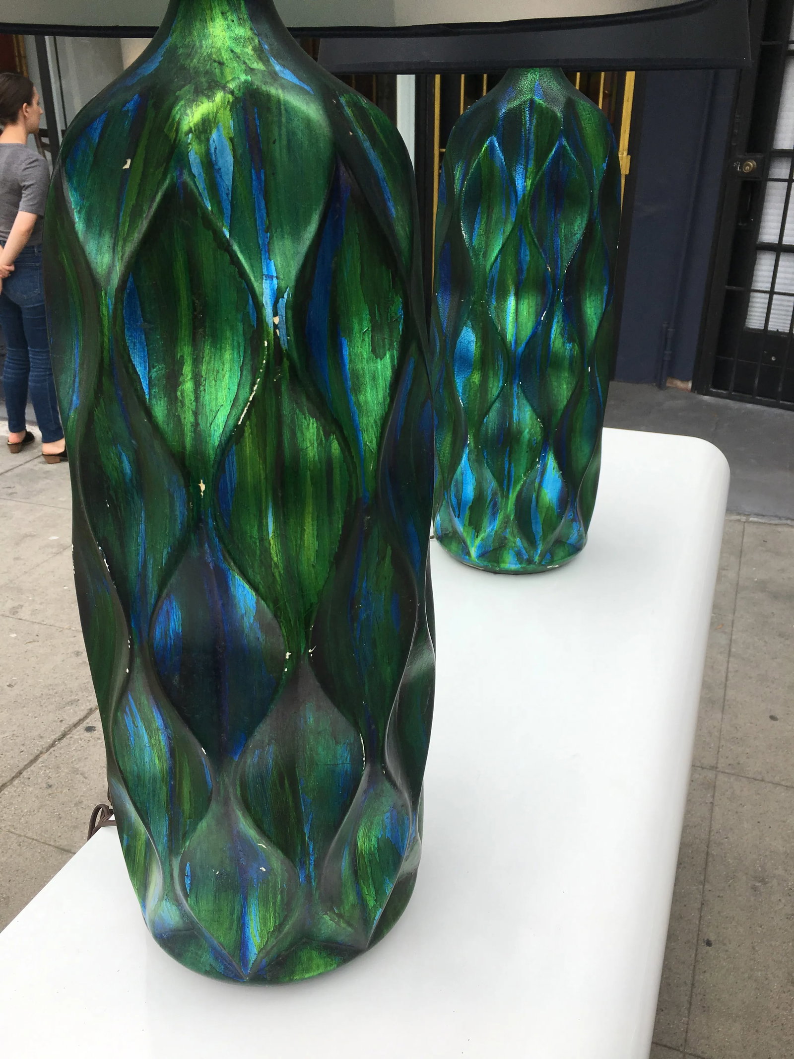 Pair of Tall Mid-Century Iridescent Ceramic Table Lamps - Blue & Green Glaze With Custom Shades - 3