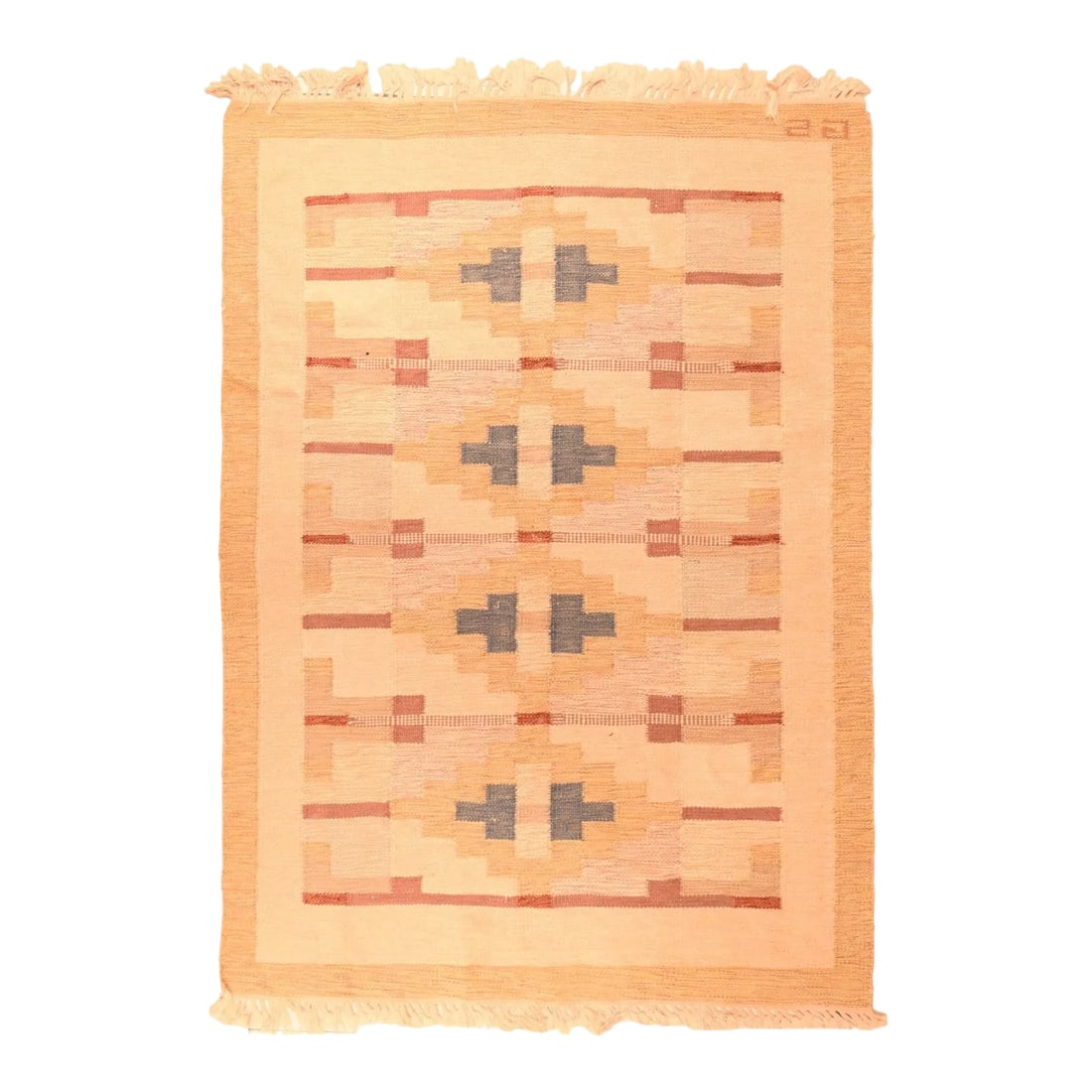 Vintage Swedish Kilim 4'6'' X 6'5'': Warm and cozy for a Nordic winter. This flatweave in tones of rust, slate, buff and beige, shows a four echelon pattern of colour blocks and bars. Plain beige and rust borders. Moderate weave. Good