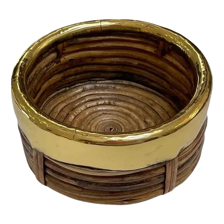 1970s Italian Bamboo/ Rattan Wine Coaster With Polished Brass Rim: 1970s Italian Bamboo/ Rattan Wine Coaster with Polished Brass Rim Mid-Century Modern beautifully made of bamboo, rattan and brass Wine coaster Handcrafted in Italy, 1970s. Round in shape with