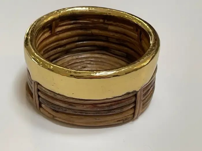 1970s Italian Bamboo/ Rattan Wine Coaster With Polished Brass Rim - 2