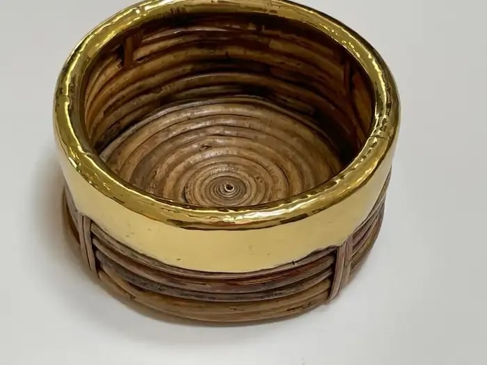 1970s Italian Bamboo/ Rattan Wine Coaster With Polished Brass Rim - 3