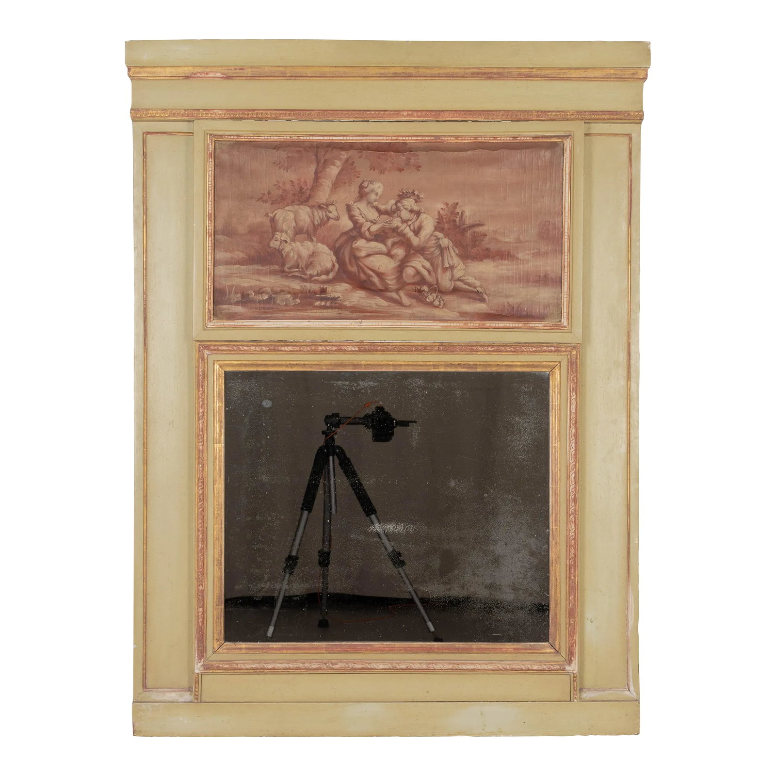 French 19th Century Louis XVI Style Trumeau Mirror: A 19th century French Louis XVI style trumeau mirror with a sepia toned oil painting depicting a pastoral courtship scene. Pale green painted pine frame with gilded border trim. Original mirror with o