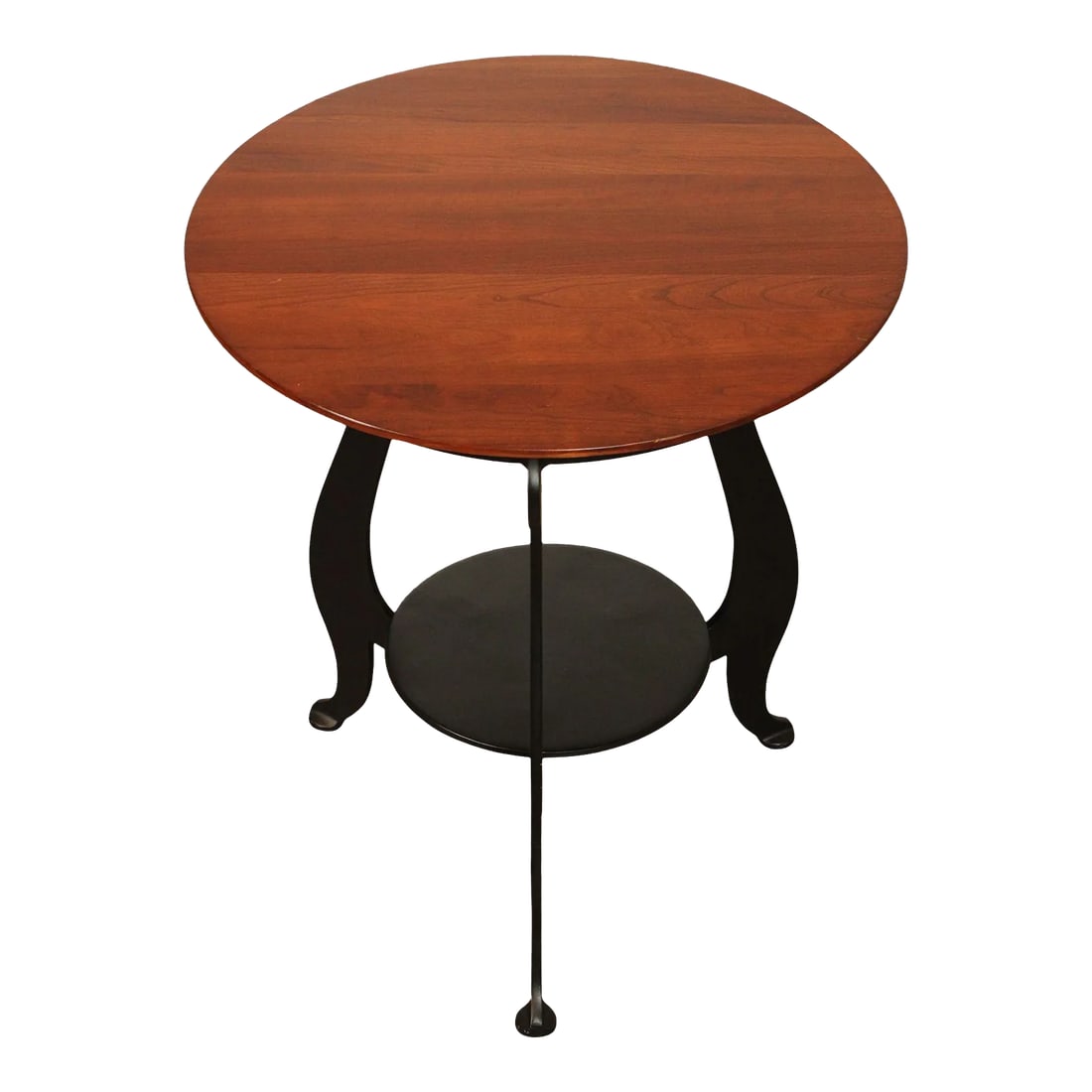 Ethan Allen Transitional Style Cherry Top End Table: High Quality American Made Two-Tier Side Table with Round Cherry Top on Powder Coated Aluminum Base Condition: Alterations: Original Condition Unaltered Imperfections: Some Imperfections Condition