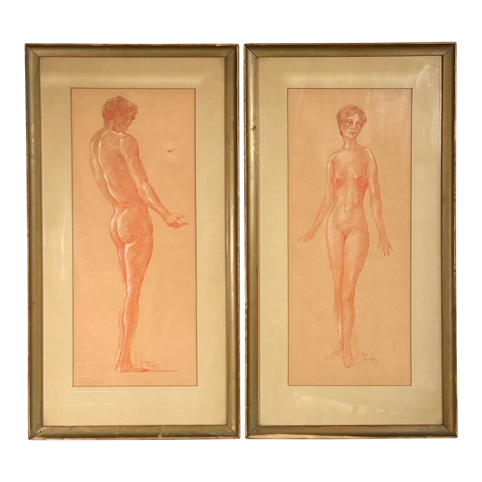Vintage C.1930 Rosa Burger Pastel Pencil & Gouache Nude Portraits - a Pair: Fabulous pair of vintage c.1930 pastel pencil and gouache drawings by the listed American artist Rosa Burger. Rosa was briefly in the WPA art movement until her passing in 1936. These sketches were