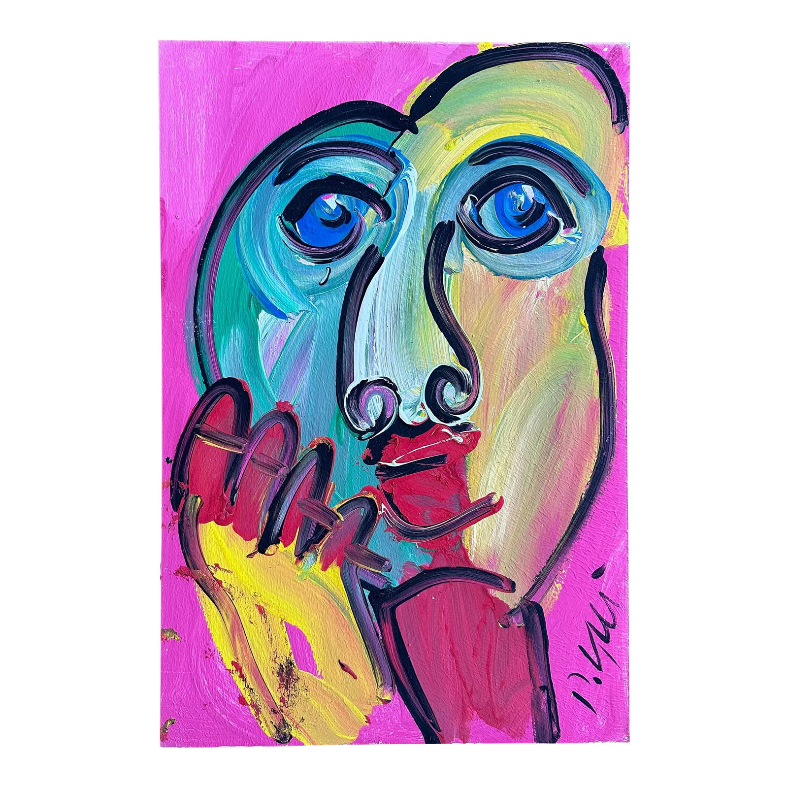 Vibrant Abstract Portrait Painting by Peter Keil: Peter Keil is a German artist that focuses primarily on abstract expressionism. Keil painted with some of the greats including Joan Miro, Pablo Picasso and Andy Warhol, to name a few. This is a gorgeo