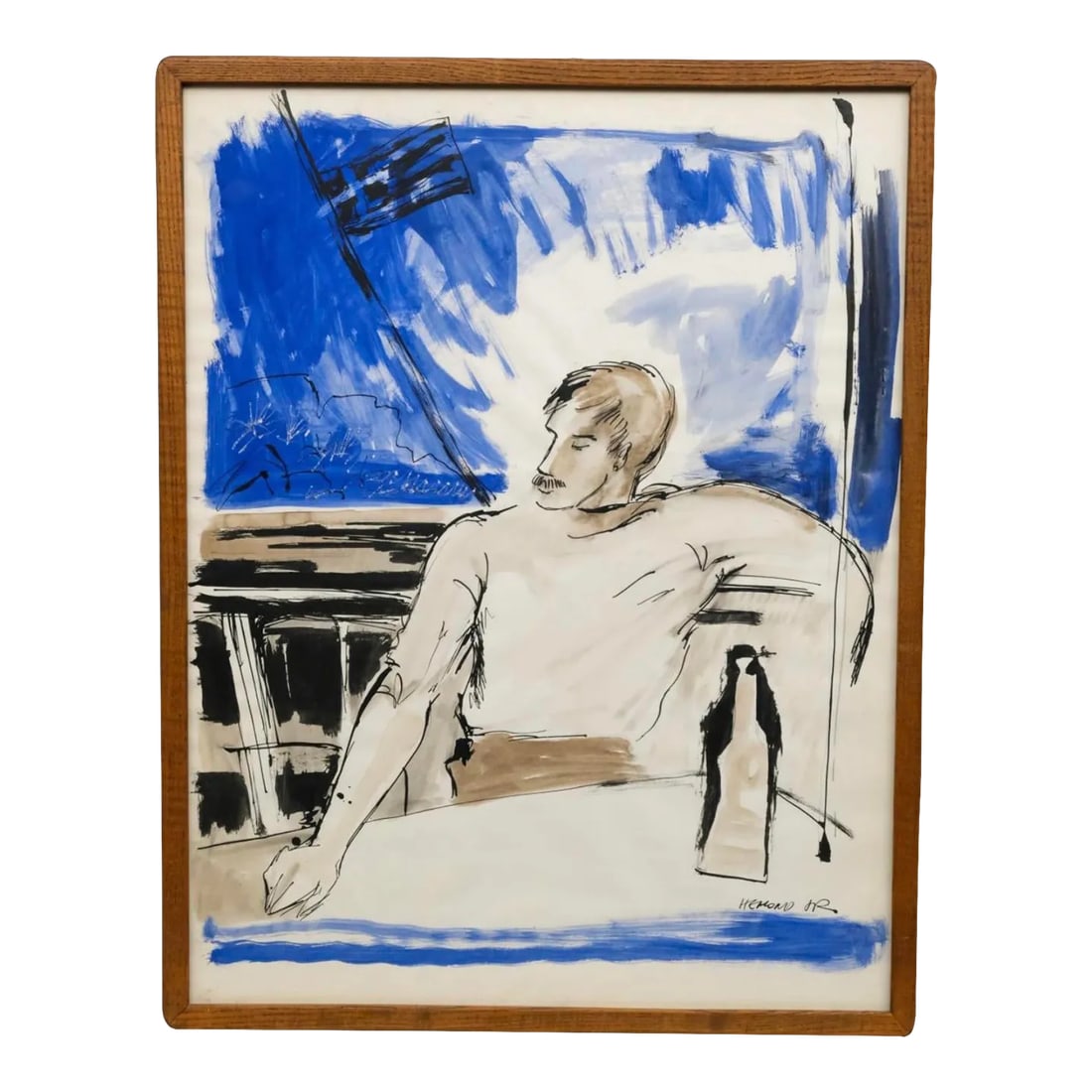 American Painting Ink Wash and Watercolor of a Handsome Mustachioed Young Man in Profile Seated on a: A handsome mustachioed young man in profile seated under a Greek flag on a boat drinking. Life doesn't get much better than this. Watercolor with an ink wash. Framed Very evocative of the moment. Poss