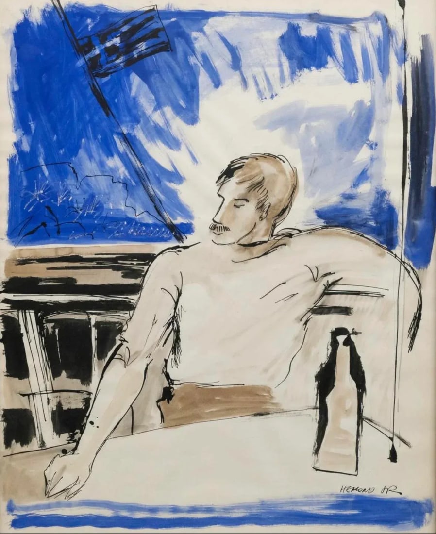 American Painting Ink Wash and Watercolor of a Handsome Mustachioed Young Man in Profile Seated on a - 6