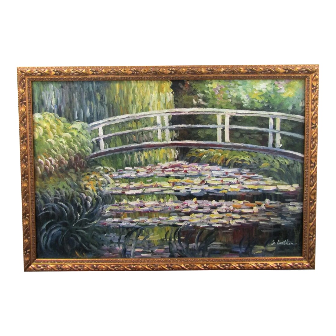 Japanese Bridge Claude Monet by S. Carthon Framed Canvas Oil Painting Gold Frame: Japanese Bridge Claude Monet by S. Carthon Framed Canvas Oil Painting Stretched canvas in a high quality beautiful carved gold wood frame. Measures 39 1/2" wide and 27 1/2" tall. Condition: