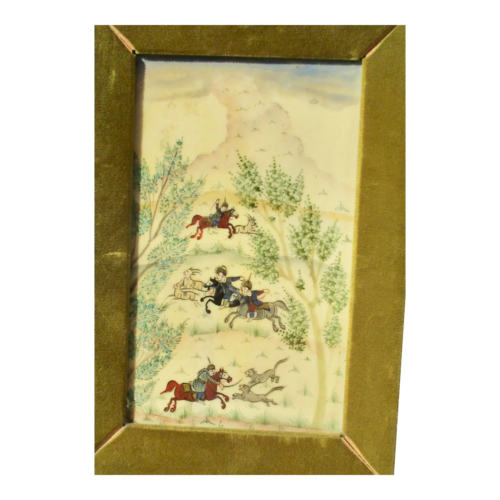 Persian Miniature Isfahan by Virizi " the Hunt": The Hunt, by Virizi, an Iranian Persian miniature artist, and painter in the traditional Isfahan School manner. The hunt is classic Persian imagery of the hunters pursuing gazelle across the rolling