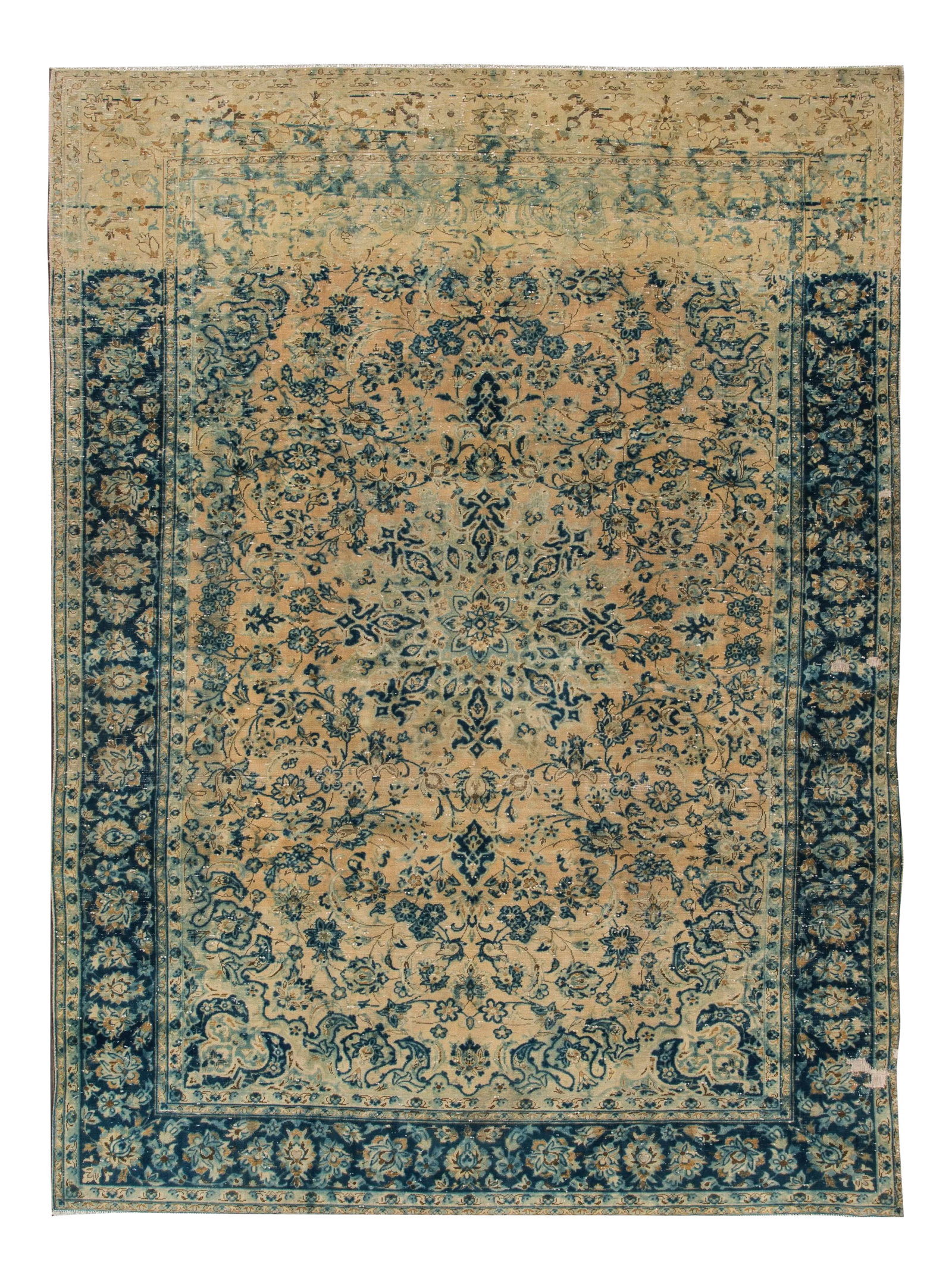 Vintage Persian Tabriz Distressed Beige Handmade Floral Wool Rug: Beautiful vintage Persian Tabriz distressed hand-knotted wool rug with a beige field. This piece has a navy blue frame with green and tan accents in an all-over floral design. This rug measures: 8'4"