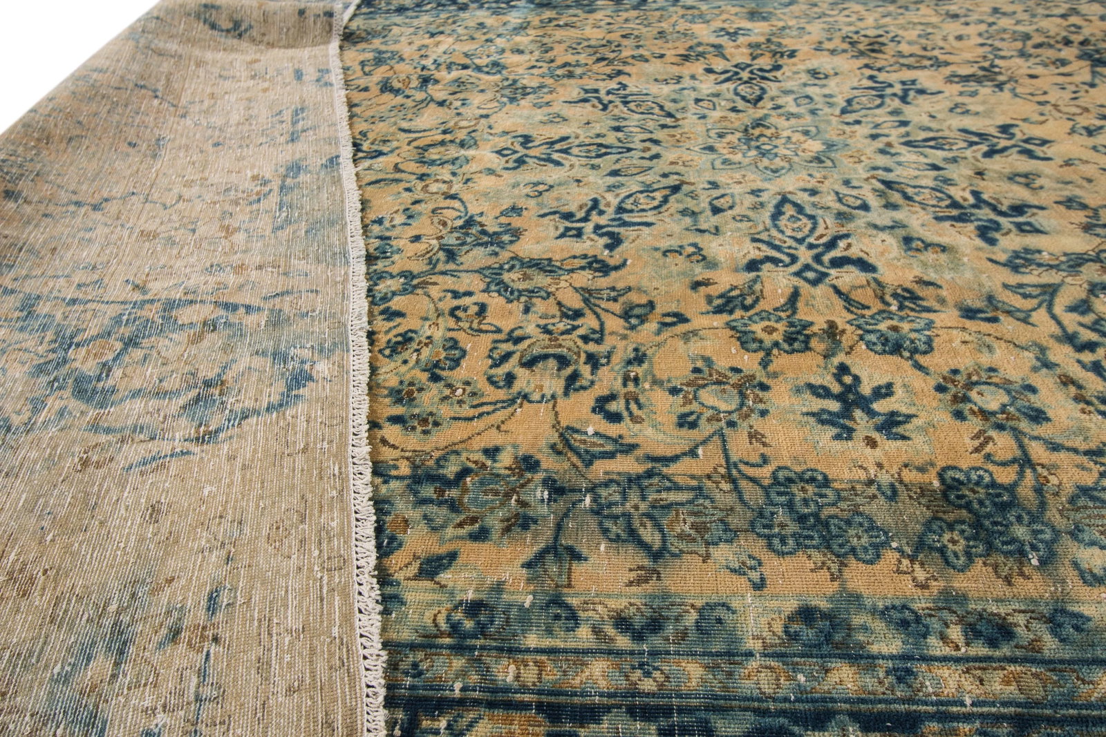 Vintage Persian Tabriz Distressed Beige Handmade Floral Wool Rug - 2