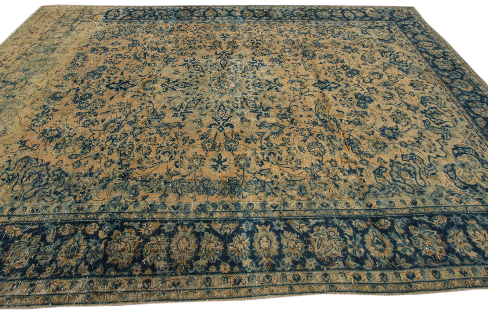 Vintage Persian Tabriz Distressed Beige Handmade Floral Wool Rug - 3