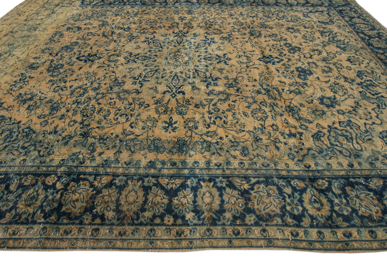 Vintage Persian Tabriz Distressed Beige Handmade Floral Wool Rug - 5