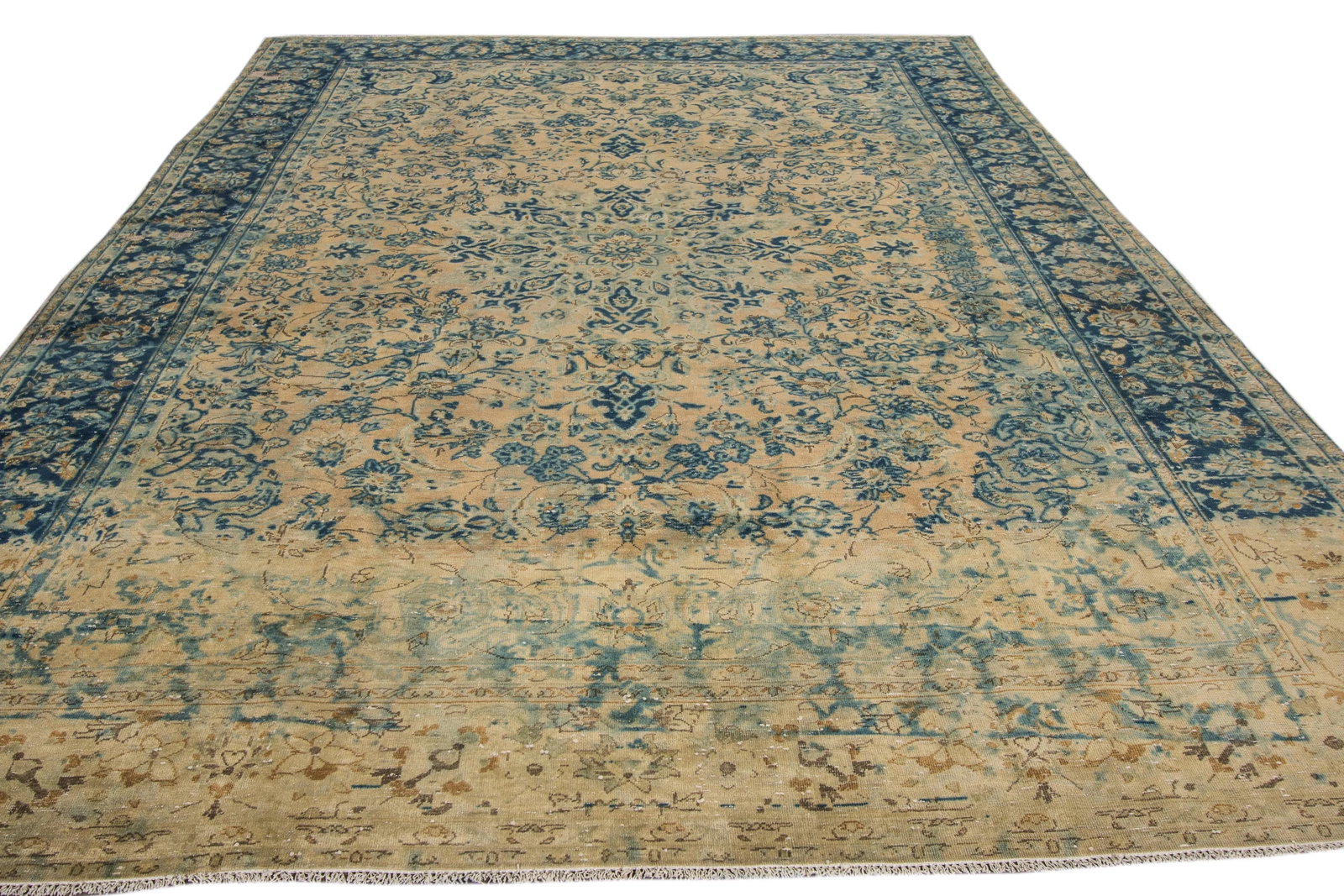 Vintage Persian Tabriz Distressed Beige Handmade Floral Wool Rug - 6