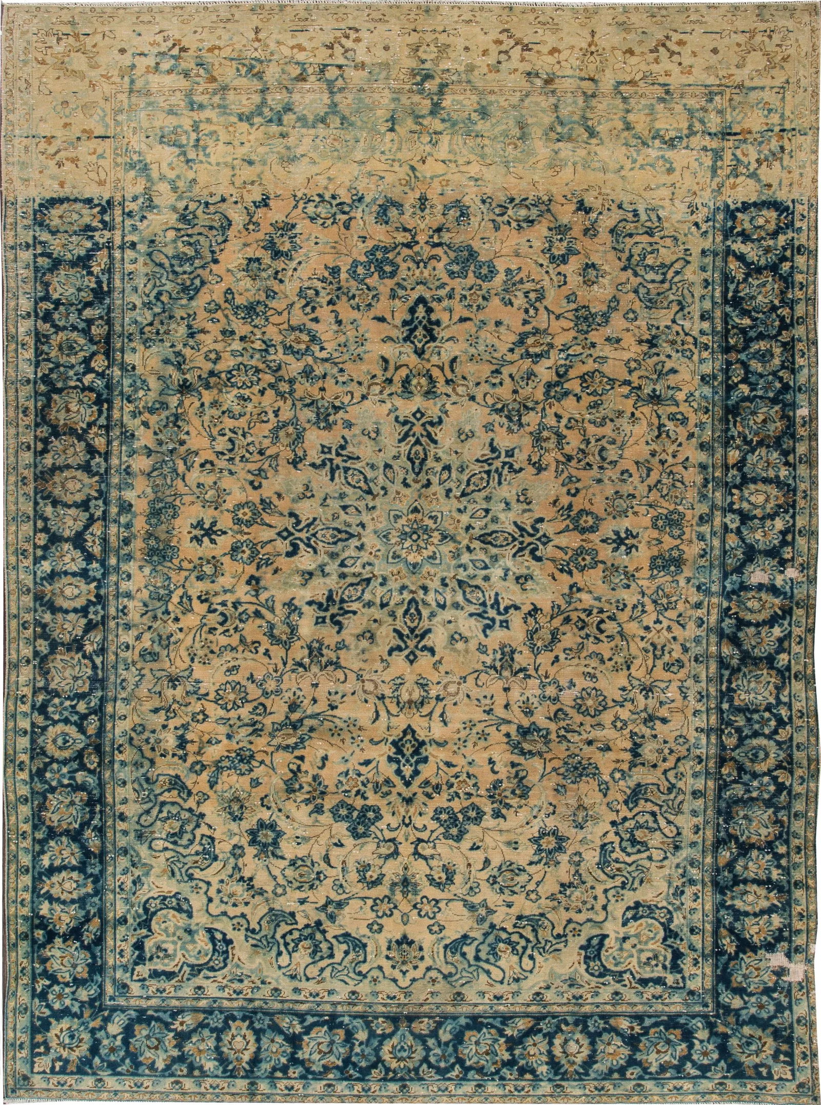 Vintage Persian Tabriz Distressed Beige Handmade Floral Wool Rug - 8