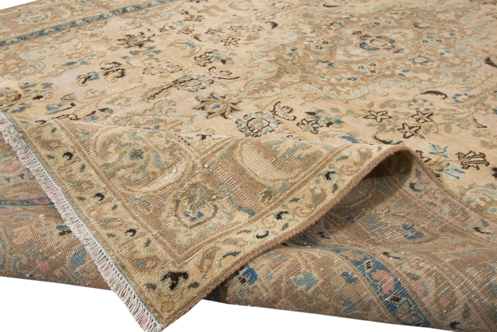 Vintage Persian Tabriz Beige Handmade Medallion Wool Rug - 2