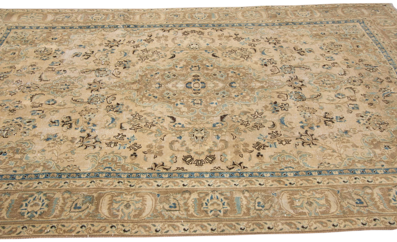 Vintage Persian Tabriz Beige Handmade Medallion Wool Rug - 3