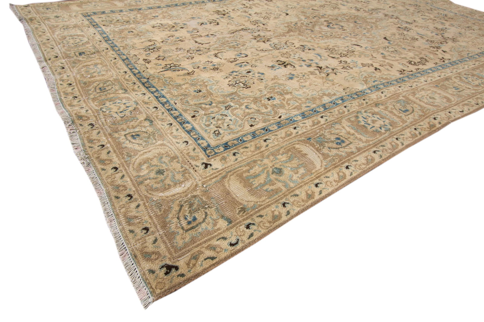Vintage Persian Tabriz Beige Handmade Medallion Wool Rug - 4