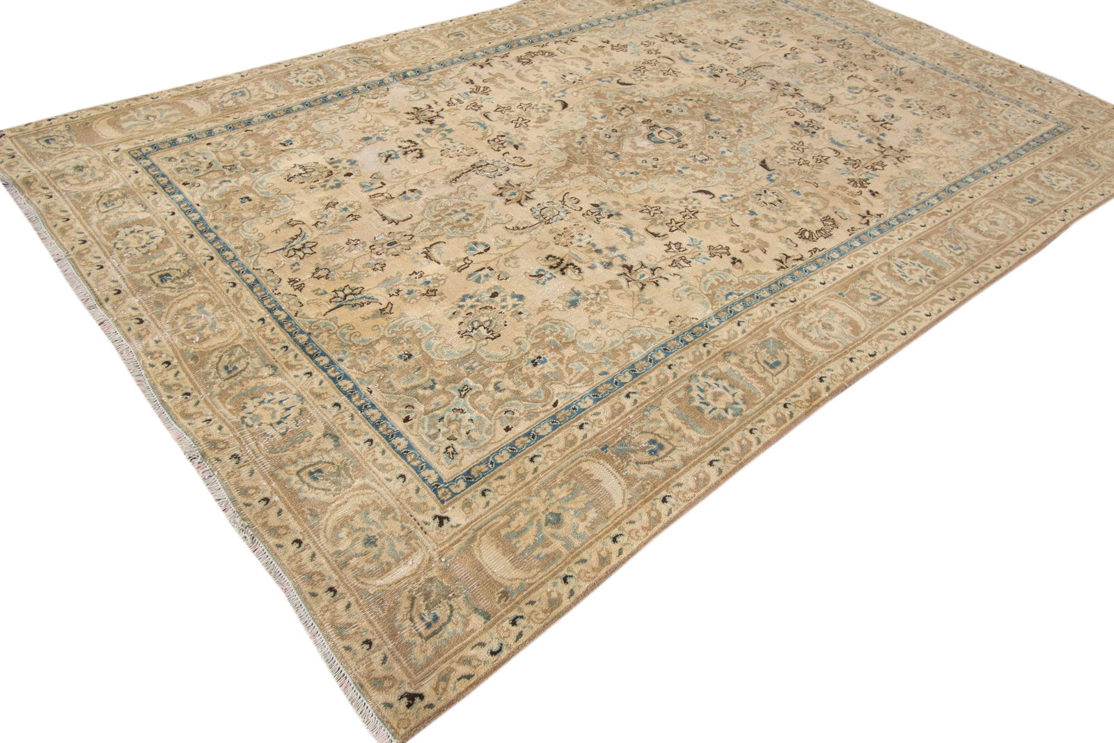 Vintage Persian Tabriz Beige Handmade Medallion Wool Rug - 5