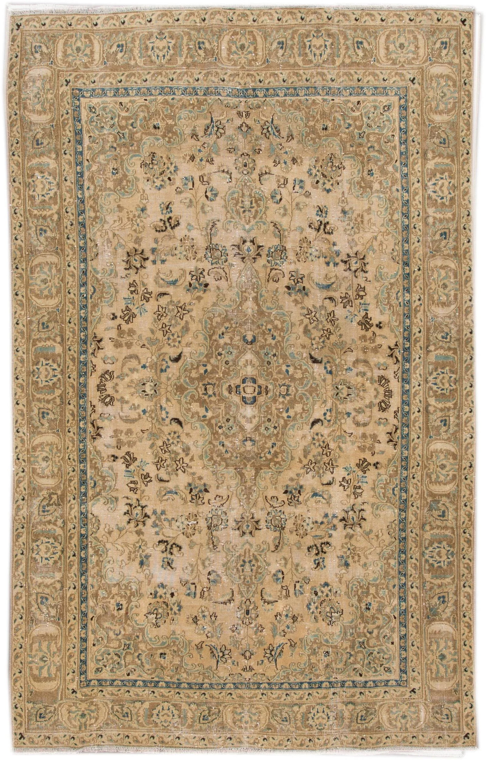 Vintage Persian Tabriz Beige Handmade Medallion Wool Rug - 6